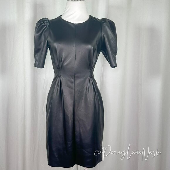 Express Puff Sleeve Vegan Leather Sheat Dress Black - Picture 2 of 11